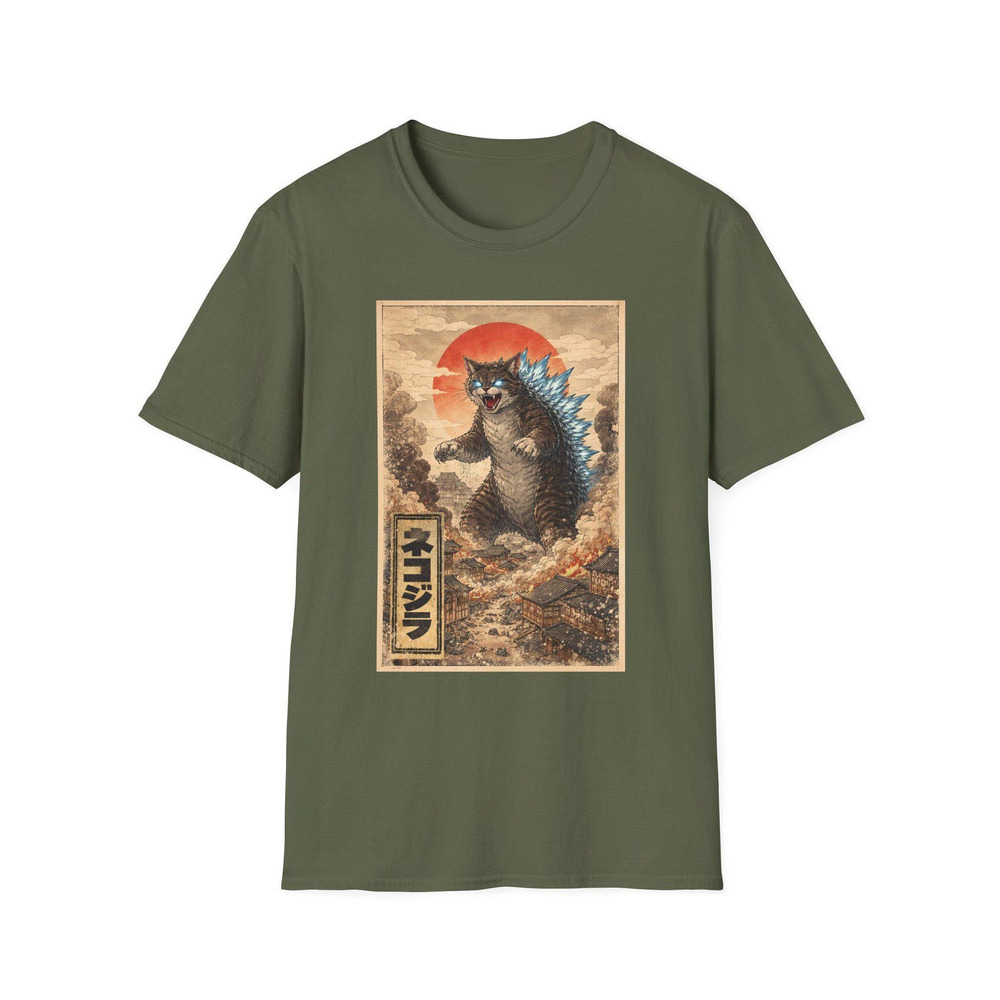 Catzilla Military GreenPoster Unisex T Shirt Kaiju Illustration, Japanese Retro